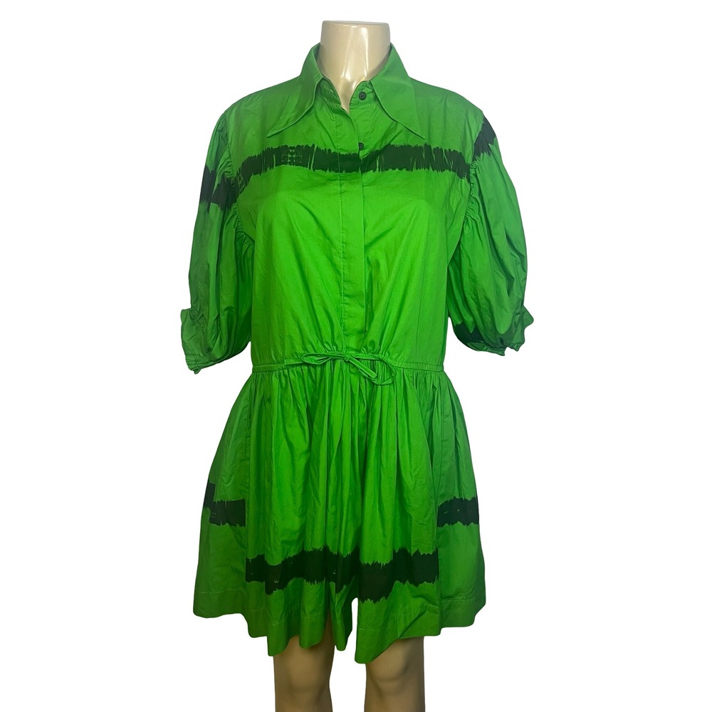 SWF Anthropologie Green Black Tie Dye Puff Sleeve Cotton Mini Shirt Dress M